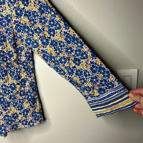 Habitat Yellow Blue Stripe Floral *XS Top Cotton Crinkle 3/4 Sleeve Button Boho - Picture 6 of 16